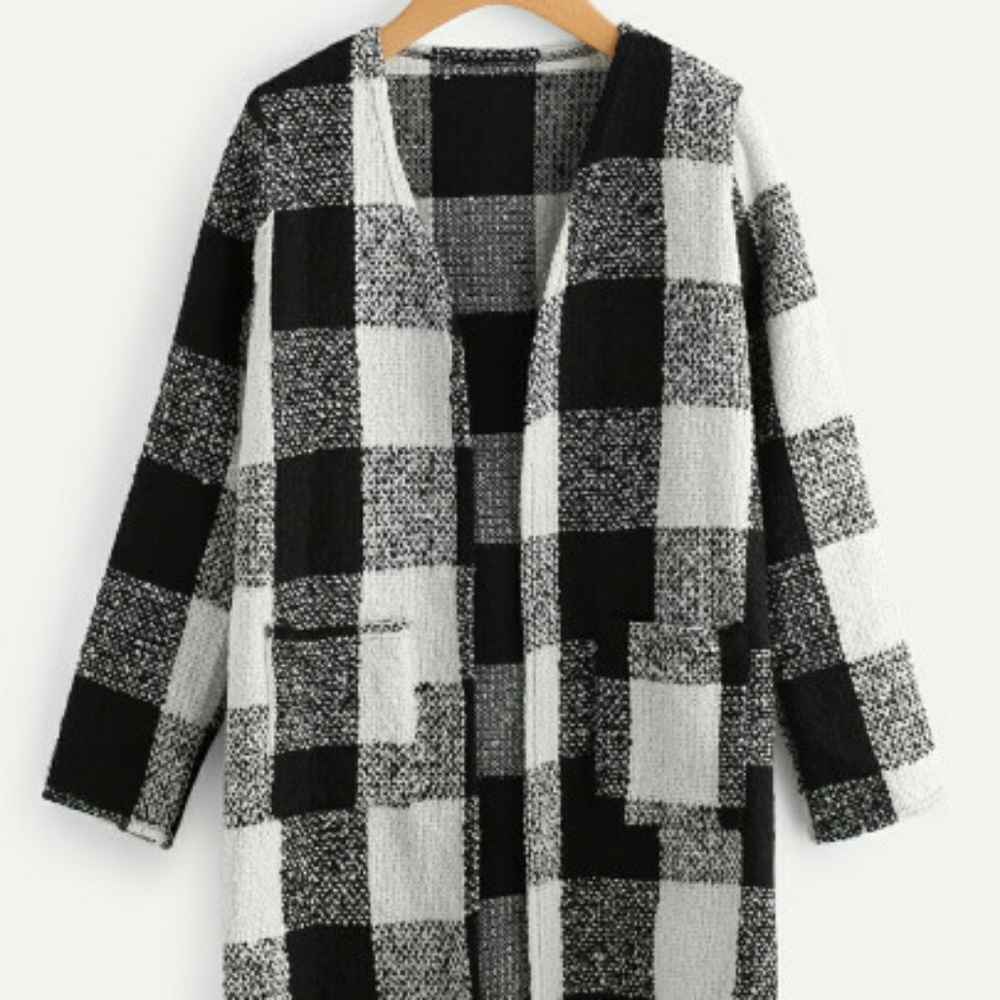 Buffalo Plaid Black White Check Plaid Tweed Coat - Picture 1 of 4